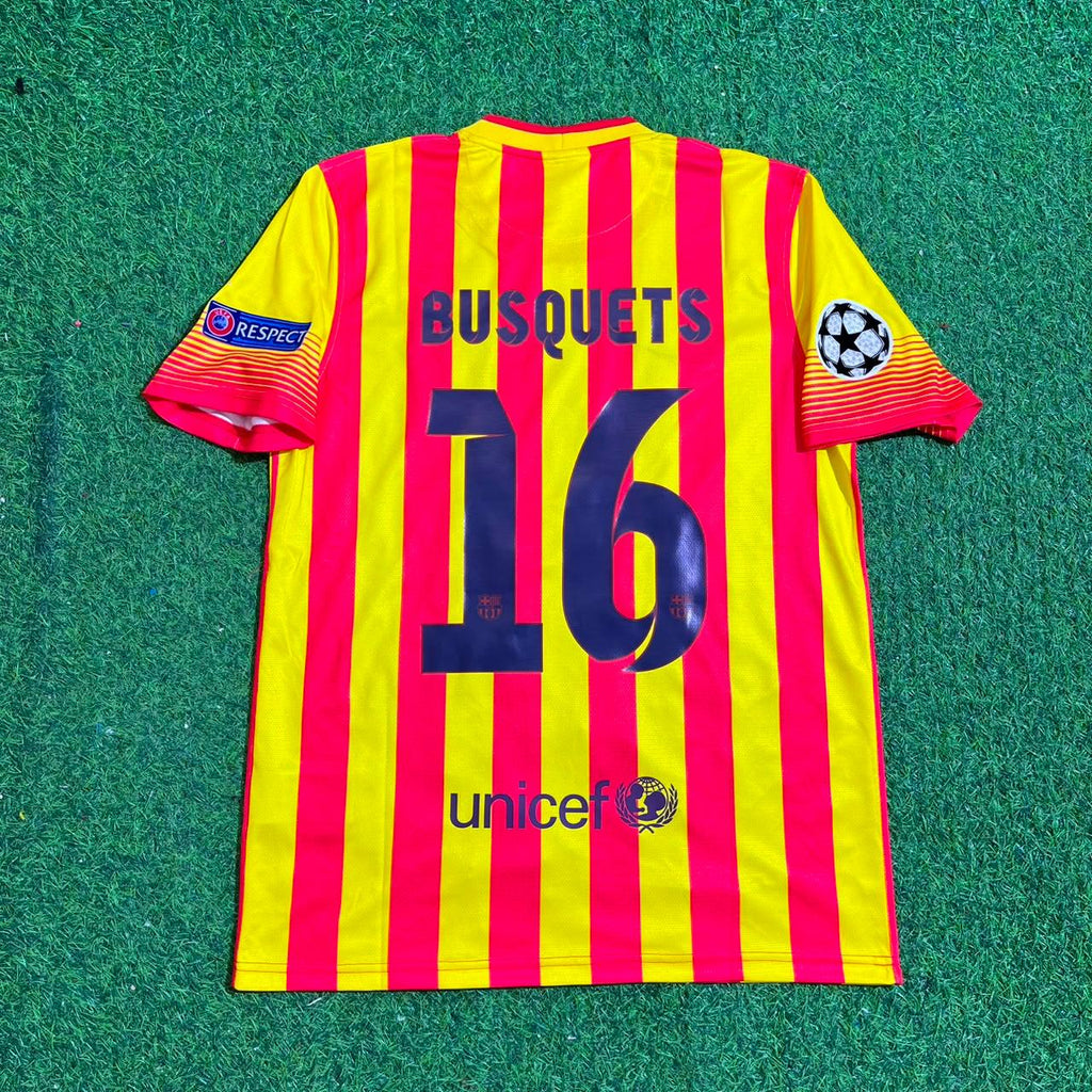 Sergio Busquets 16 - Barcelona 2013/2014 Yellow Red Retro Jersey – Back View