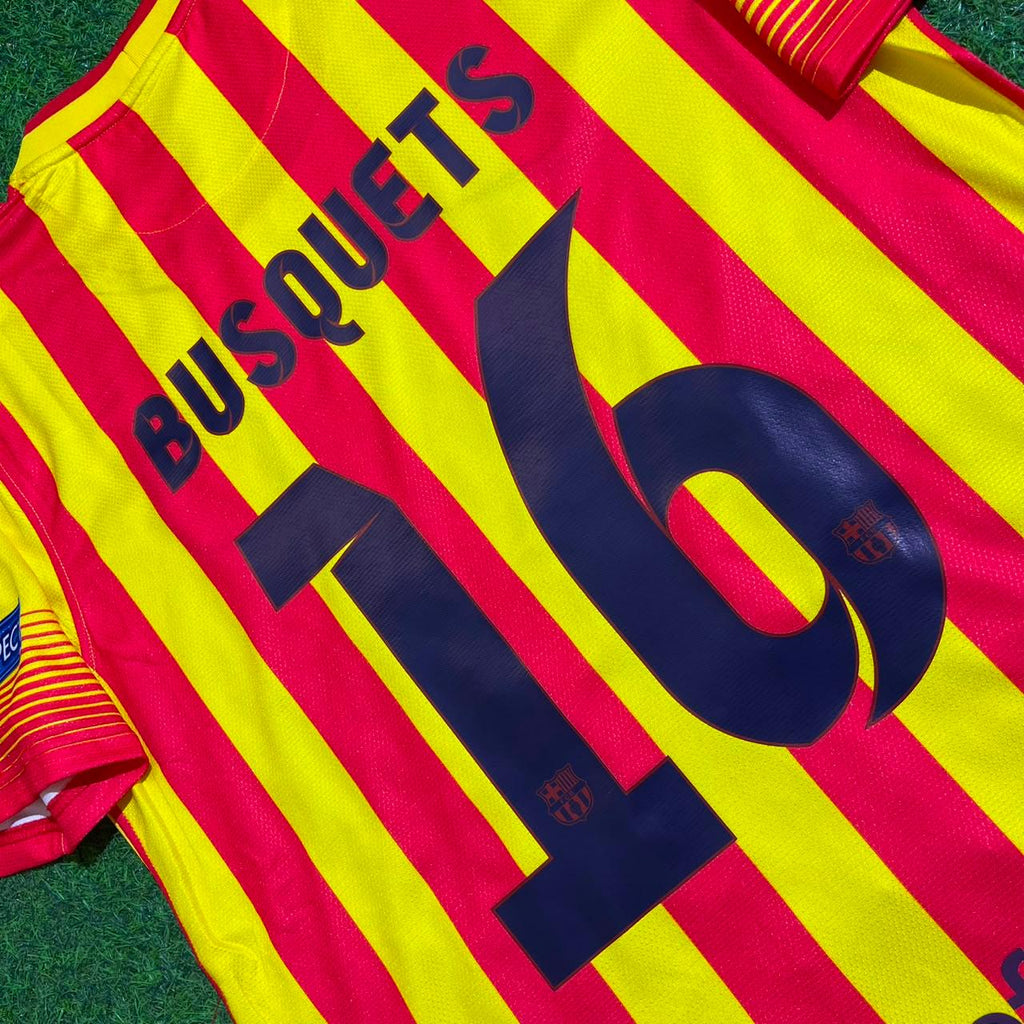 Sergio Busquets 16 - Barcelona 2013/2014 Yellow Red Retro Jersey – Detailed View