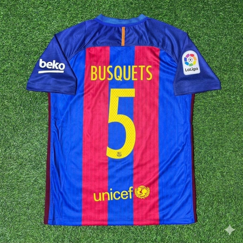 2016/17 Sergio Busquets #5 FC Barcelona Home Retro Football Jersey – Back View
