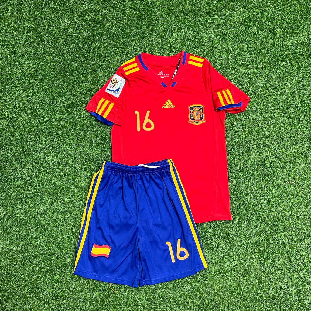 2010 Spain World Cup Sergio Busquets Retro Kids Football Jersey – Front View