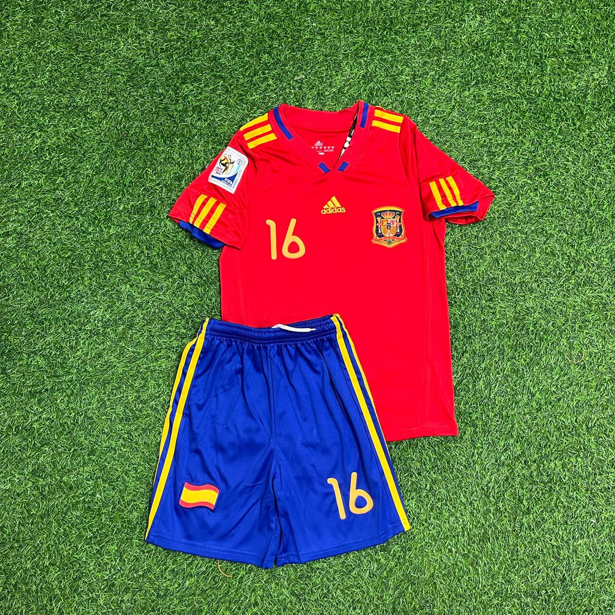 2010 Spain World Cup Sergio Busquets Retro Kids Football Jersey – Front View