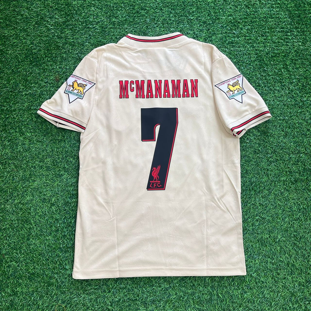 1996 Steve McManaman Liverpool 1997 Retro Away White Retro Football Jersey – Back View