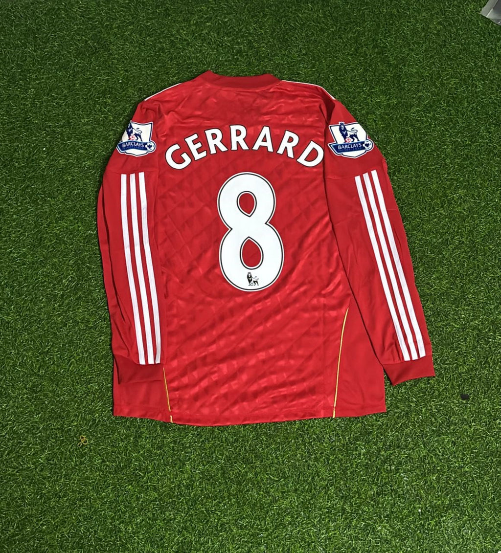 Steven Gerrard Liverpool 2010 2011 Season Long Sleeves Red Retro Jersey – Back View