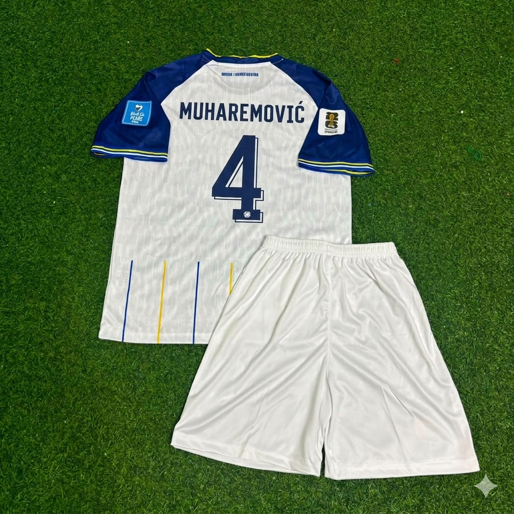 Tarik Muharemovic Bosnia and Herzegovina 2026 World Cup Away White Kids Kit Football Jersey – Back View