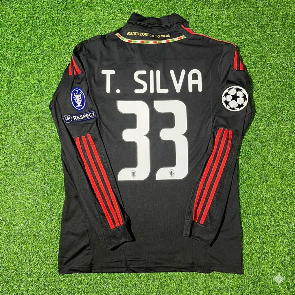 2011/12 Thiago Silva AC Milan Red & Black Retro Football Jersey Collection – Back View