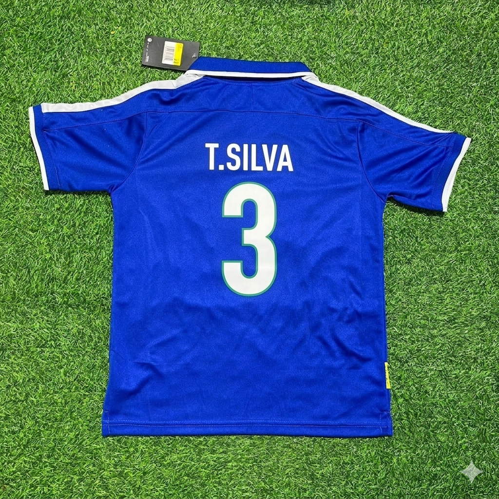 Thiago Silva Brazil Blue Retro Football Jersey – Back View