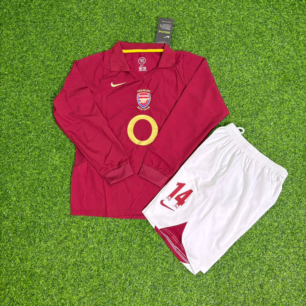 Arsenal 2006 Highbury Burgundy Long Sleeve Kids Retro Football Jersey – Thierry Henry – Front View