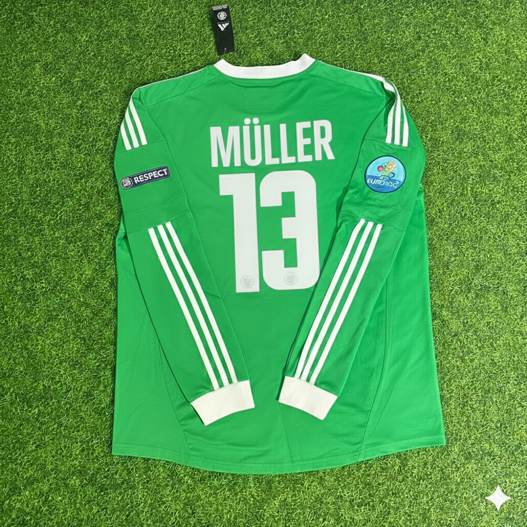 2012 Germany EURO Thomas Müller Long Sleeve Green Retro Football Jersey – Back View