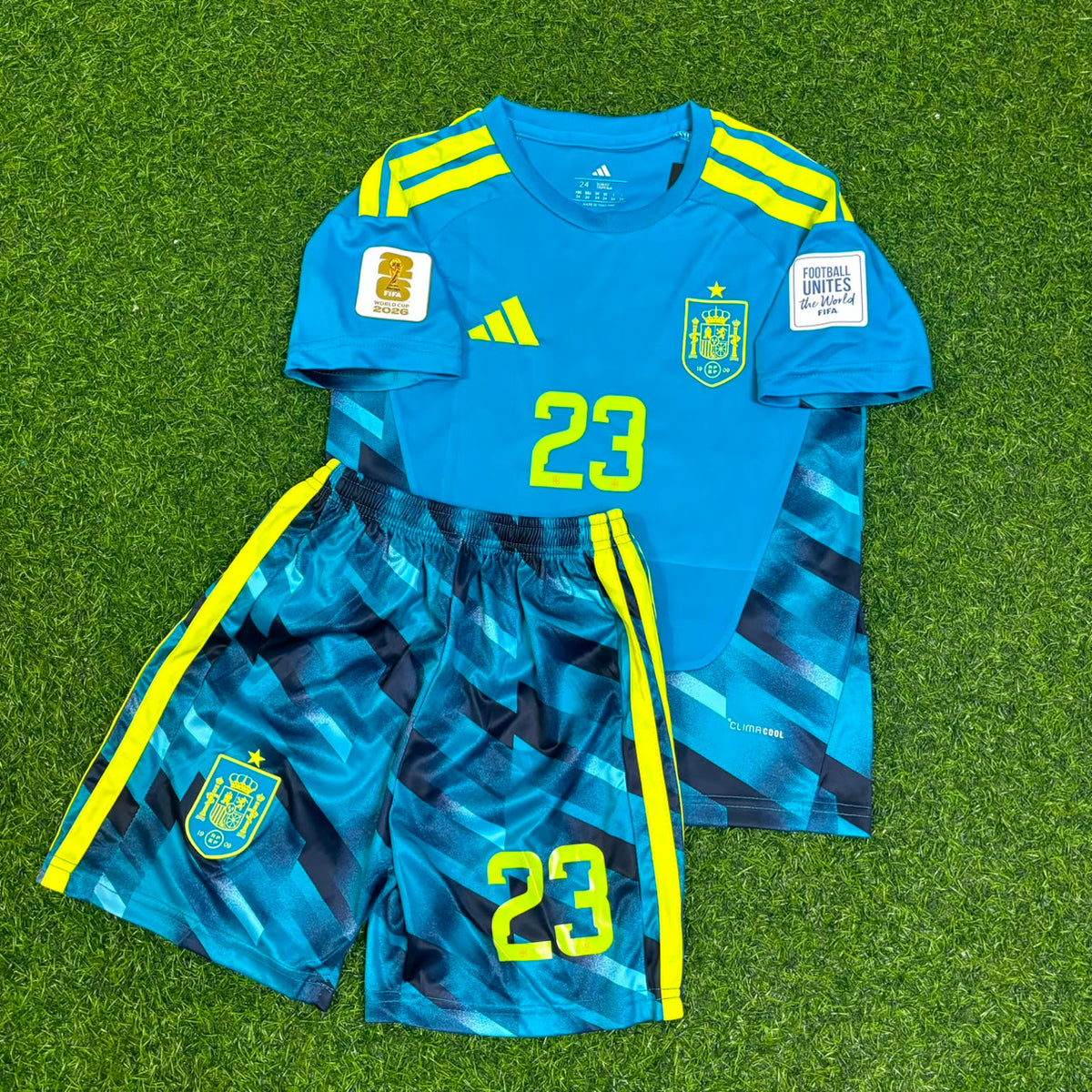 Unai Simon Spain Goalkeeper 2026 World Cup Kids Blue Special Football Jersey – Front View
