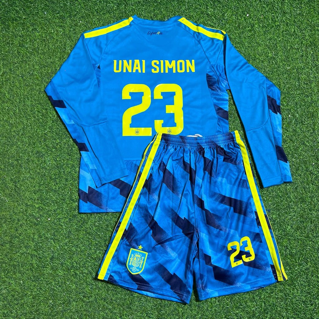 Unai Simon Spain Goalkeeper 2026 World Cup Long Sleeve Kids Blue Special Football Jersey – Back View