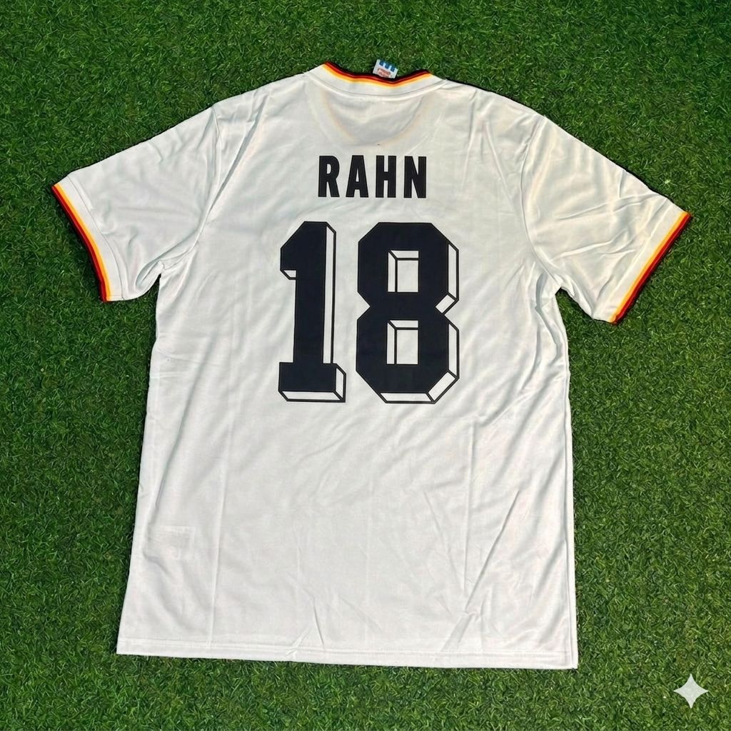 1986 Uwe Rahn #18 Deutschland World Cup Retro Weiß – Back View