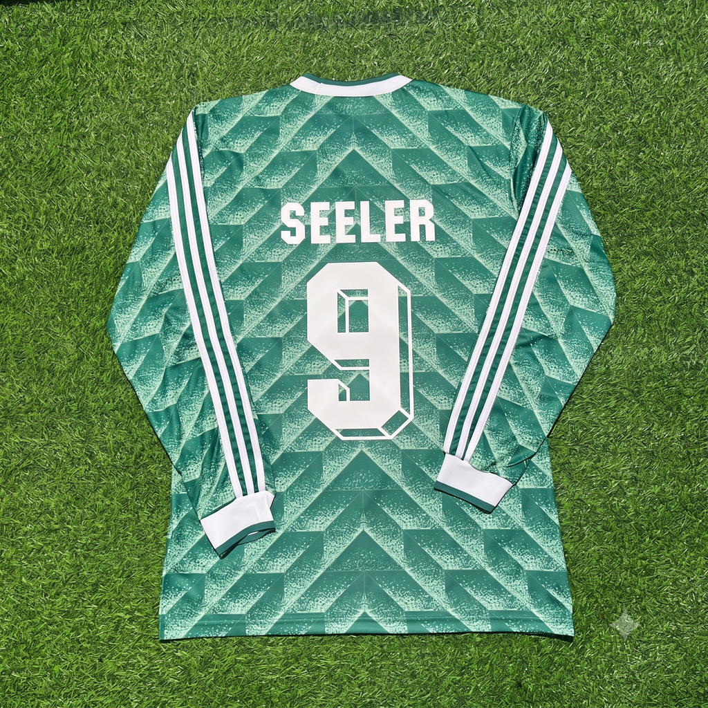 1990 Germany World Cup Uwe Seeler Green Long Sleeve Football Jersey – Back View