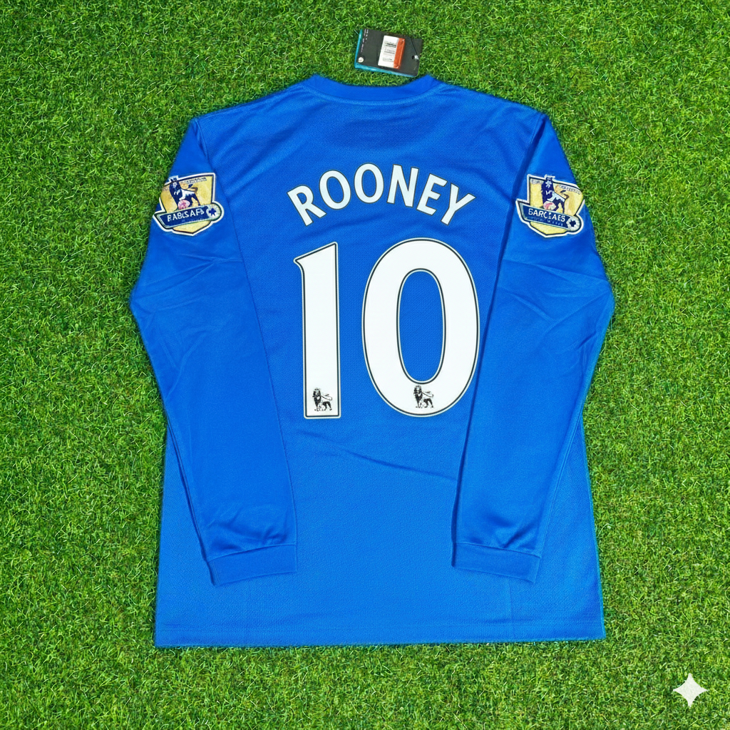 Manchester United 2008 Blue EPL Patch Retro Long Sleeve Football Jersey – Wayne Rooney – Back View