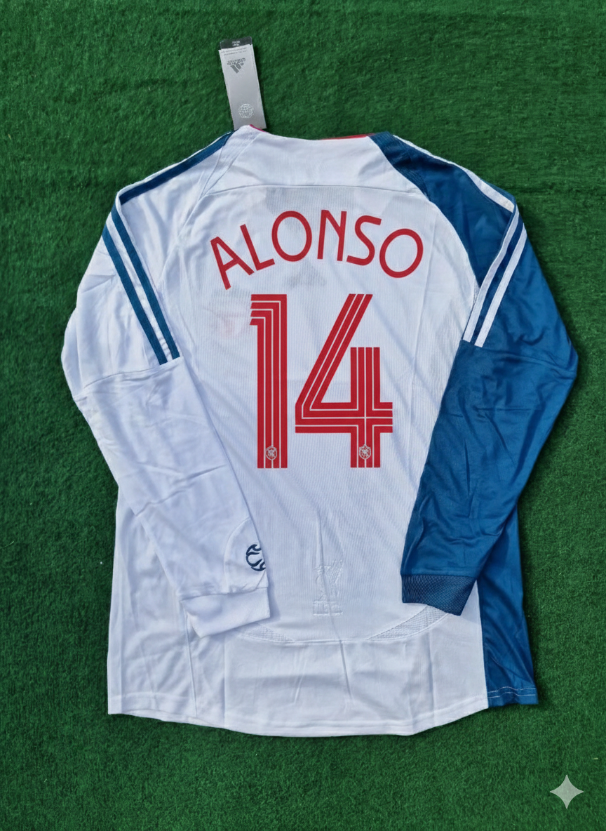 2007 Xabi Alonso Liverpool White Blue Long Sleeve Retro Football Jersey – Back View