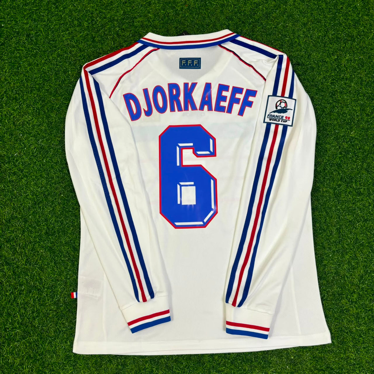 France 1998 World Cup White Away Long Sleeve Retro Jersey – Youri Djorkaeff #6 – Back View