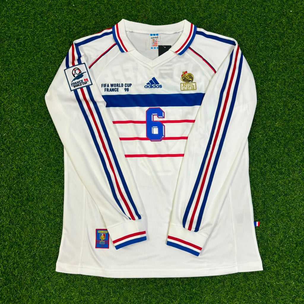 France 1998 World Cup White Away Long Sleeve Retro Jersey – Youri Djorkaeff #6 – Front View
