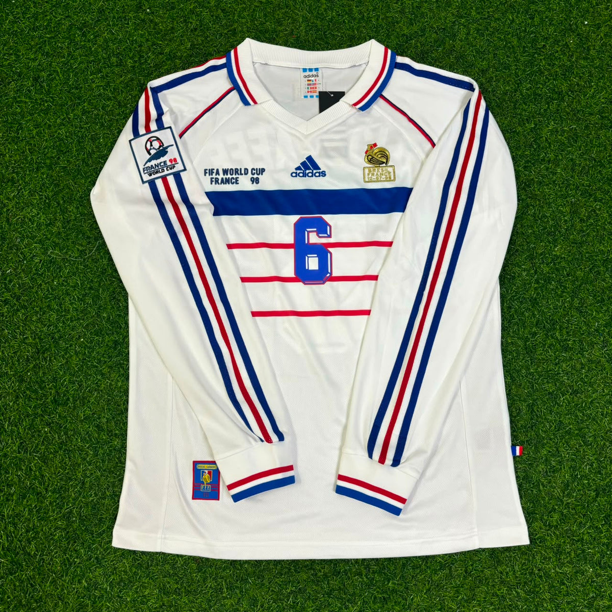 France 1998 World Cup White Away Long Sleeve Retro Jersey – Youri Djorkaeff #6 – Front View