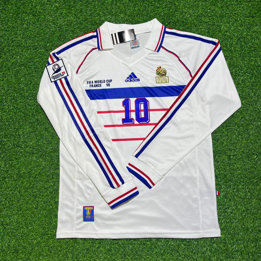 France 1998 World Cup White Away Long Sleeve Retro Jersey – Zinedine Zidane #10 – Front View