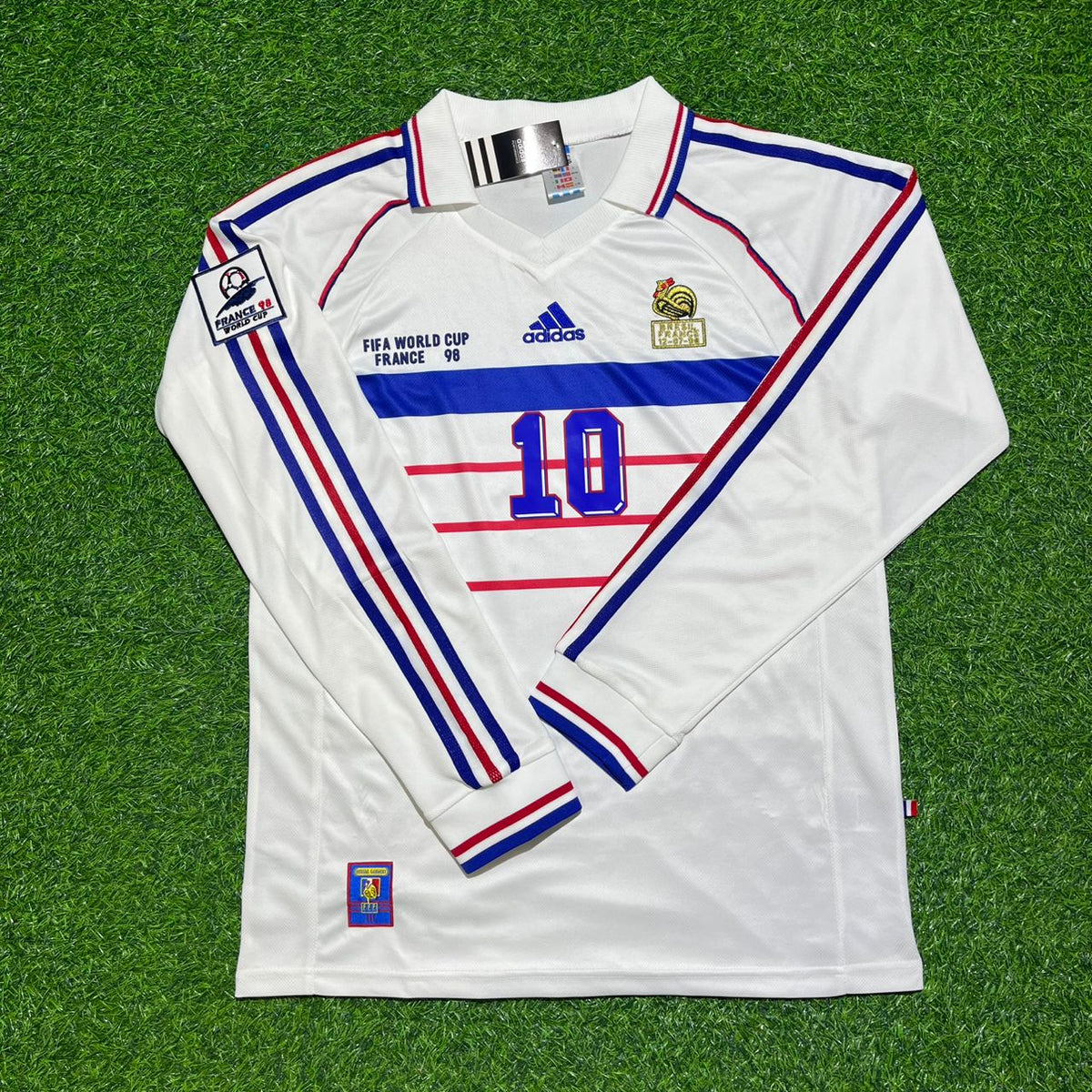 France 1998 World Cup White Away Long Sleeve Retro Jersey – Zinedine Zidane #10 – Front View