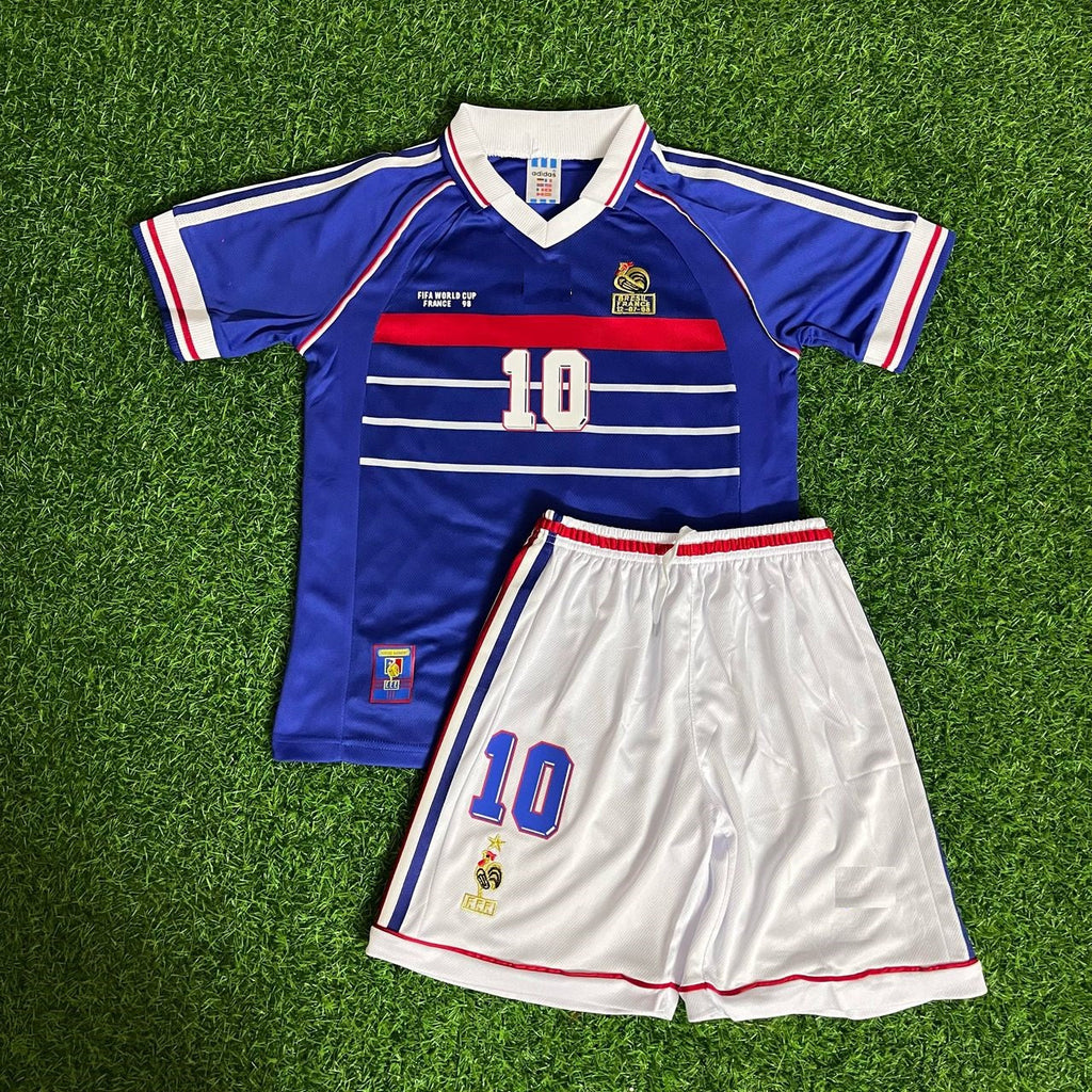 1998 Zinedine Zidane France Home Kids Kit Football Jersey for Children – Front View